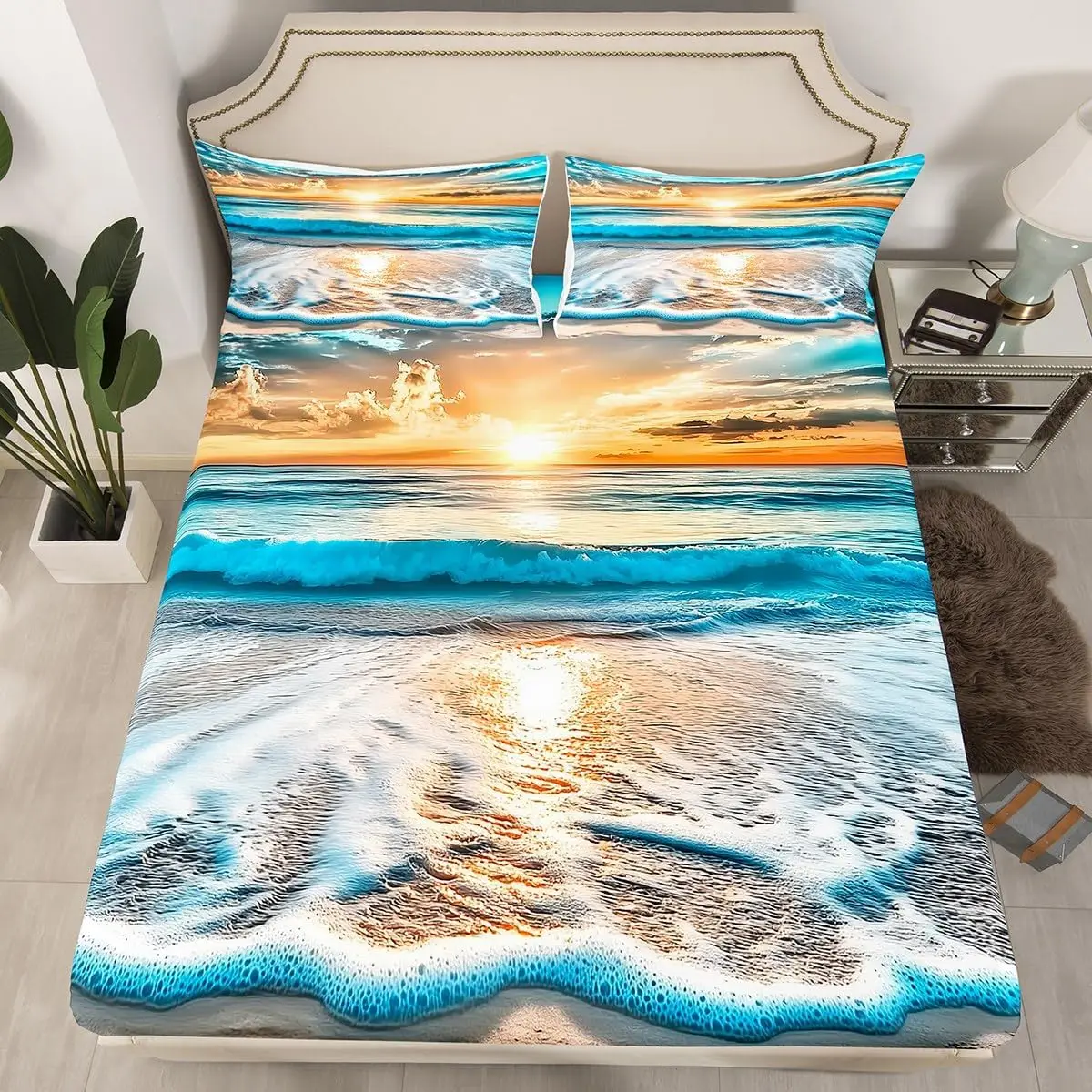 Summer Ocean Fitted Sheet Twin King Beach Sea Nature Scene Bed Sheets Set Microfiber Ocean Deep Pocket Sheet with 2 Pillowcases