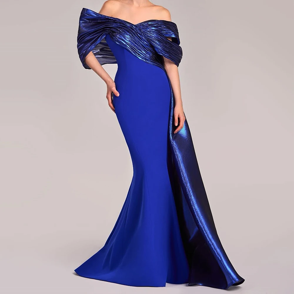 

Customized Elegant Panel Train Off The Shoulder Half Sleeves Prom Dress Modern Mermaid Jersey Blue Evening Dress платье вечернее