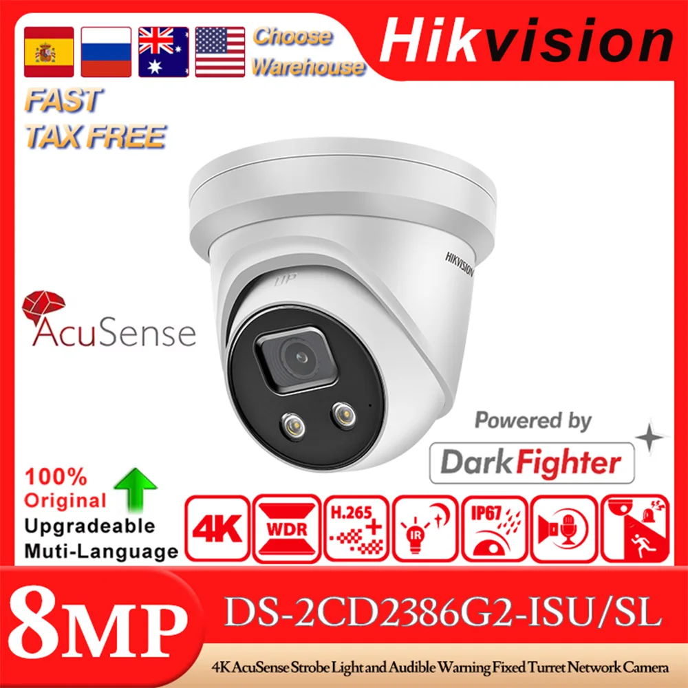 

Hikvision Original DS-2CD2386G2-ISU/SL 4K POE AcuSense Strobe Light Audible Warning Fixed Turret Network Camera Two-Way Audio