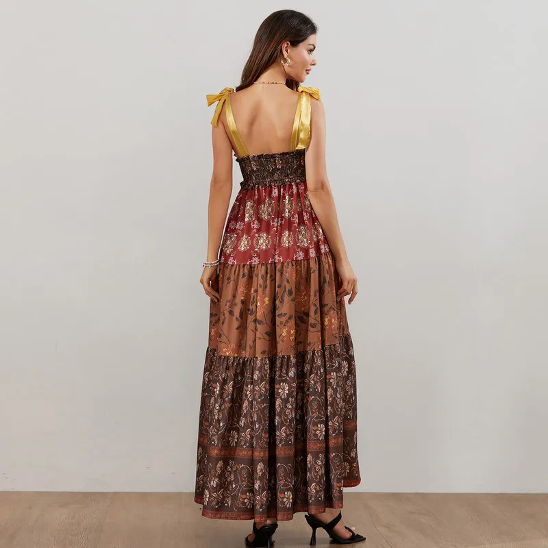 WPNAKS Women Boho canotta Dress Holiday Summer Clothes Floral Tie-Up spalline senza maniche Big Swing a-line abito lungo