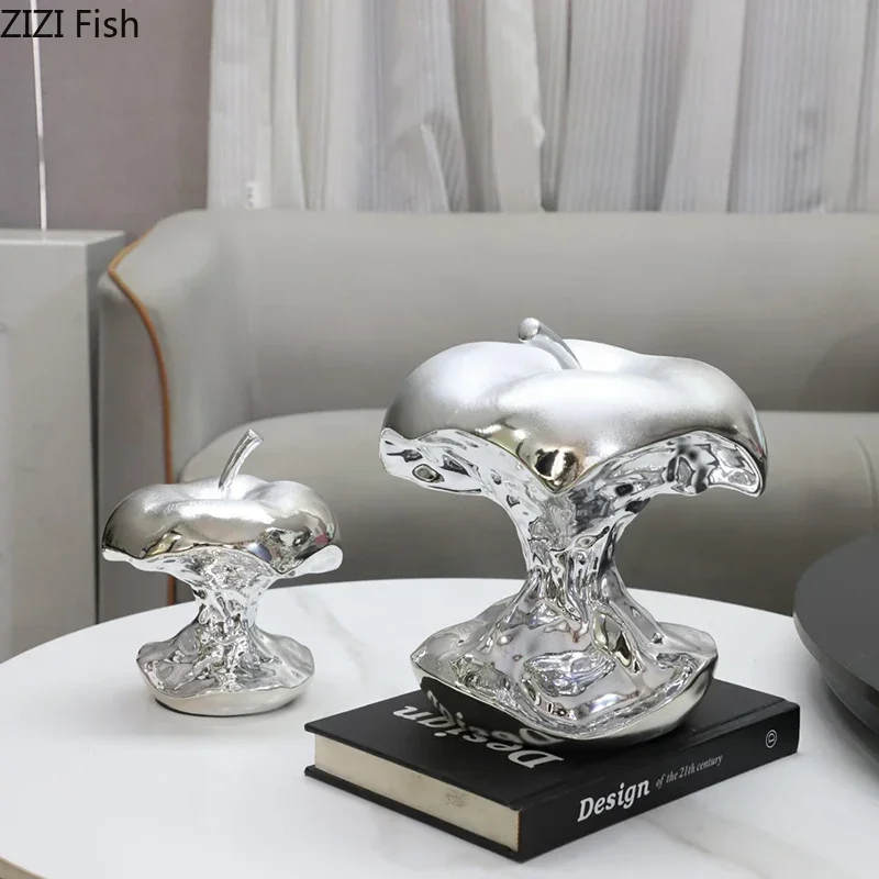 Silver Chipped Apple Resin Statue Delicious Fruits Modern Desk Crafts Decoration Ornaments Fruit Sculpture Room Aesthetics Decor