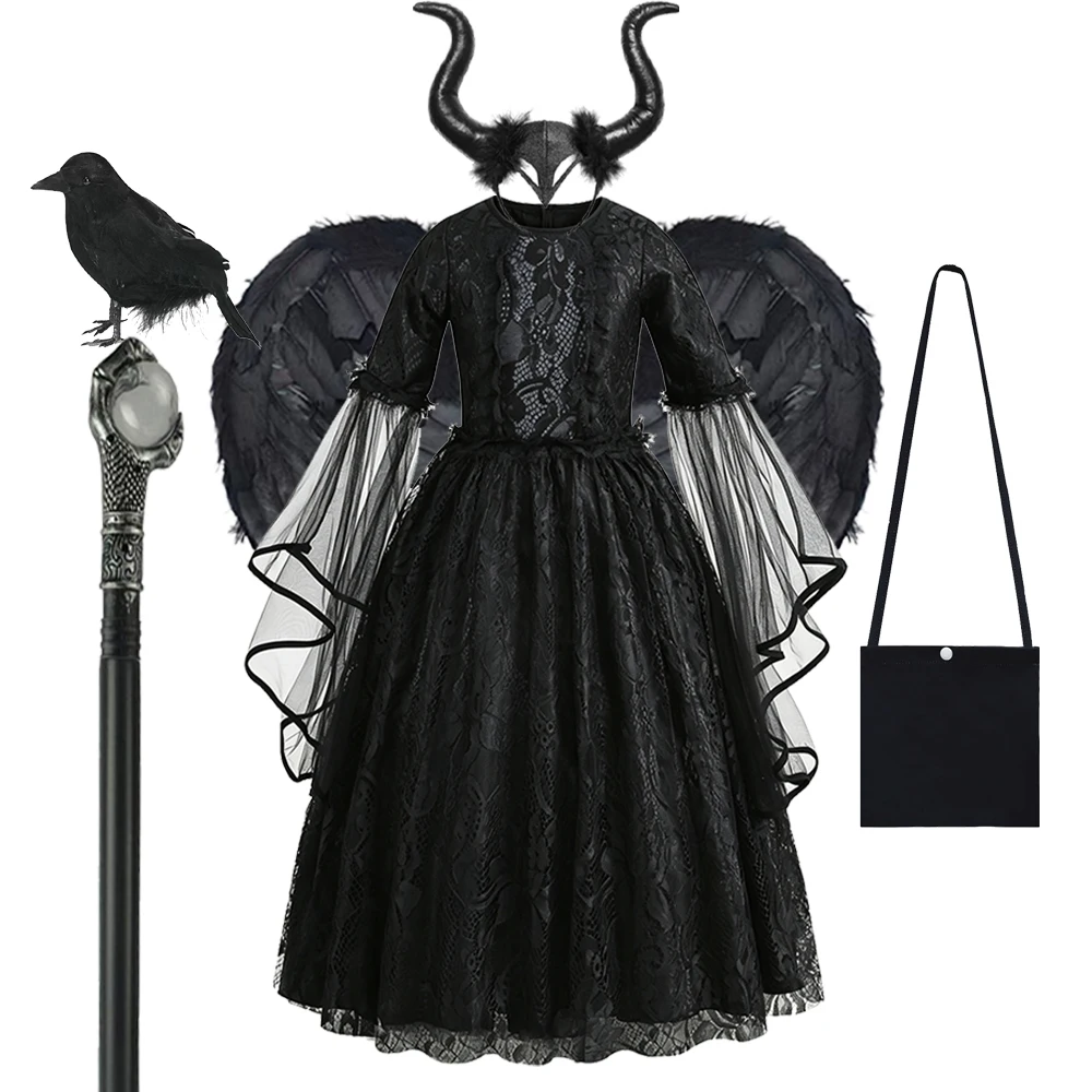 Mädchen Halloween Geisterbraut Cosplay Kostüm Kinder Schwarzes Cosplay Kleid Mädchen Böse Hexe Verkleidung Elegantes Kleid – Detail 7
