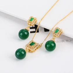 Tiger's Eye Creative Hot Sale Emerald Diamond Inlaid Necklace/Earring Set Women's Stainless Steel Chain High Quality Gift