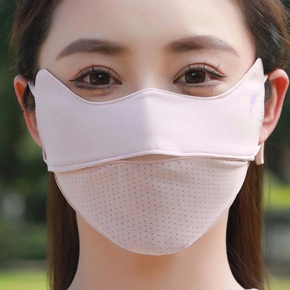 Nueva máscara de seda de hielo transpirable, máscara de protección solar lavable Anti-UV, máscara facial de montar de malla a prueba de polvo para las cuatro estaciones