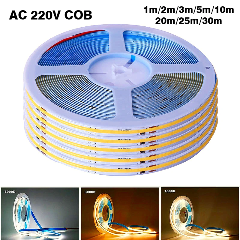 1m-45m 220V COB LED Strip Light Super Bright 240LED/m Flex Tape Linear Lighting RA90 8mm PCB Warm Natural White For Home