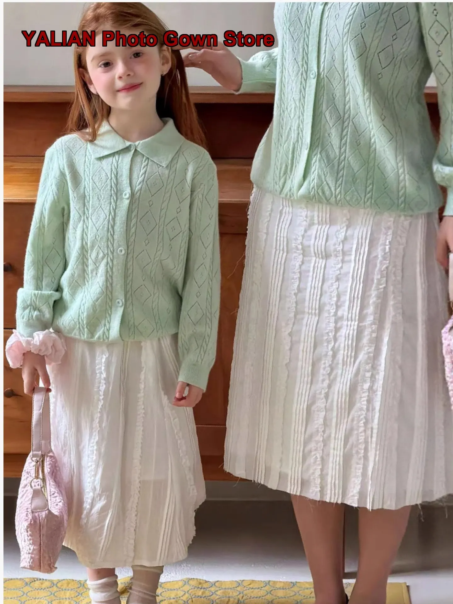 Girls Knit Coat Mother Daughter Matching Outfit Spring Autumn V-Neck Geometric Pattern Thin Lightweight Jacket
