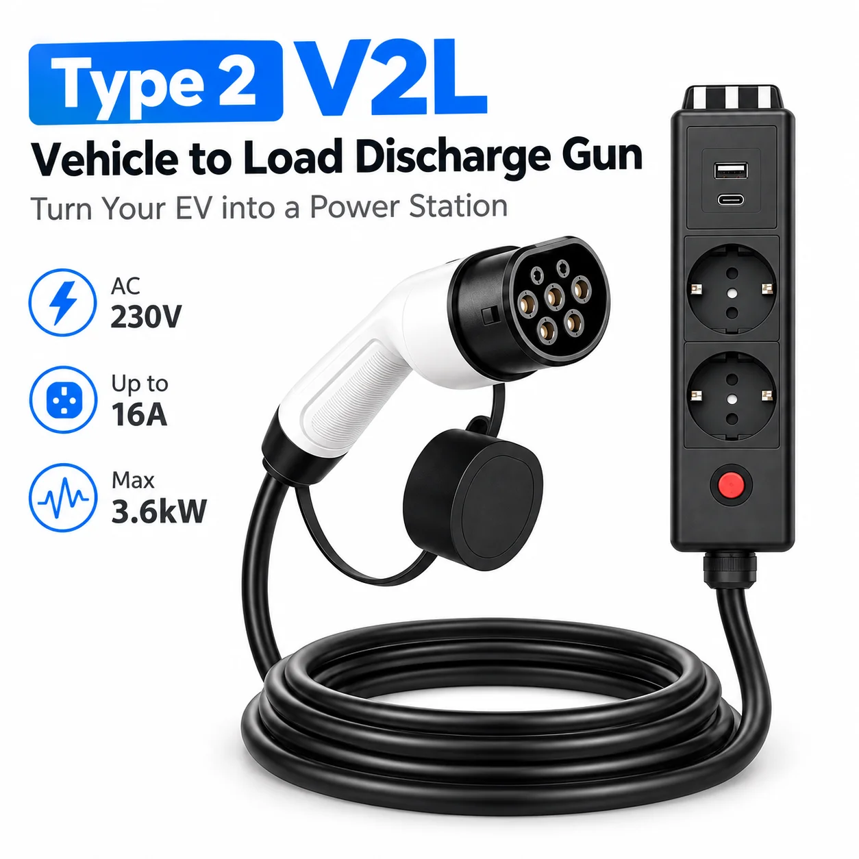 EVMBO Type 2 V2L Discharge Adapter 16A Vehicle to Load Power Adapter for BYD Atto 3 Seal Dolphin For Hyundai IONIQ 5 for Kia EV6