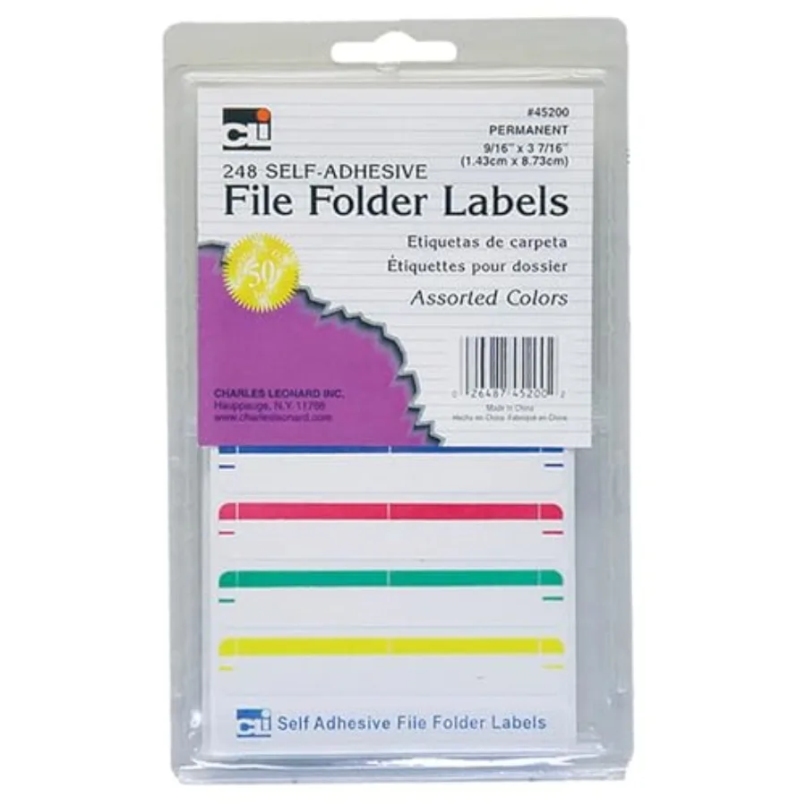 

File Folder Labels, Self-Adhesive, 0.56 x 3.43 Inches, Assorted, 248-Count Box 45200