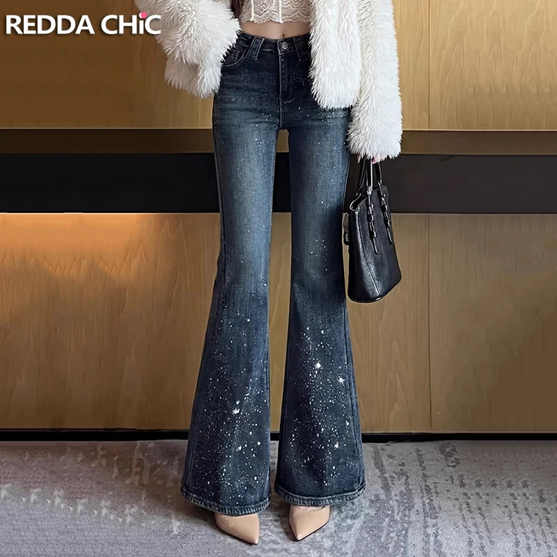 

ReddaChic Crystal Bootcut Jeans for Women Retro Distressed Low Rise Slim Stretch Flare Denim Pants Festival Party Y2K Streetwear