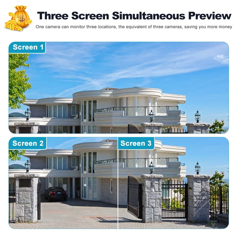 6K 12MP Outdoor WiFi Camera Motion Tracking PTZ Zoom Cam Three Screen 360° View Security Protection Video Surveillance Cameras