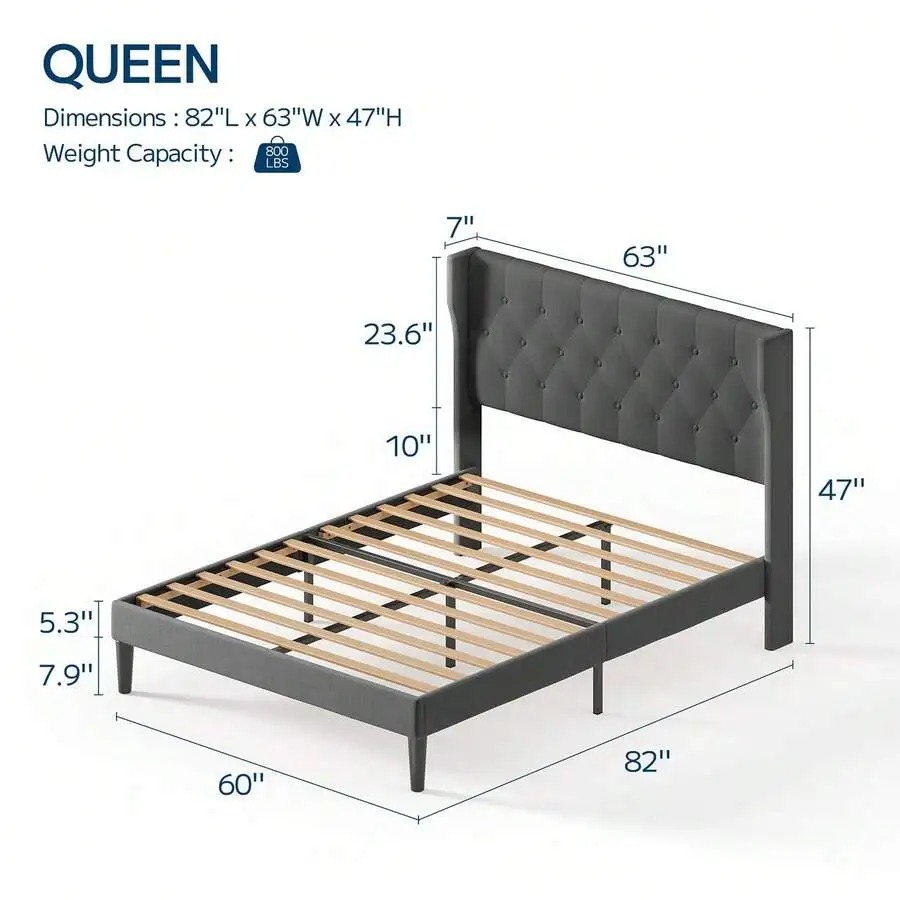 Asofer Queen Size Bed Frame, Upholstered Platform Bed Frame, Button Tufted Wingback Headboard, Modern Fabric, Solid Wooden Slats Support, 8