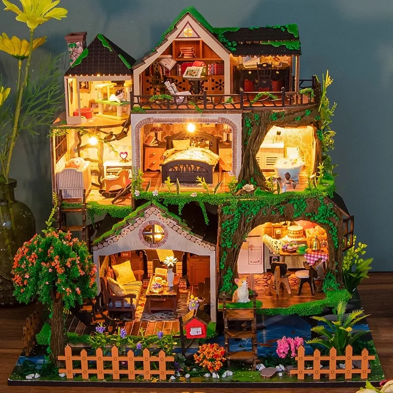 

Cottage fairy tale forest handmade wooden building block house building model villa birthday gift