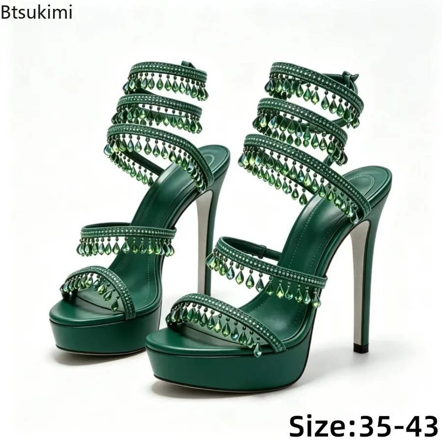 Summer Women Fashion Crystal Pendant Decor Sandals Ankle Snake Wrap Stiletto Platform Sexy Elegant Garden Dress Party Sandals