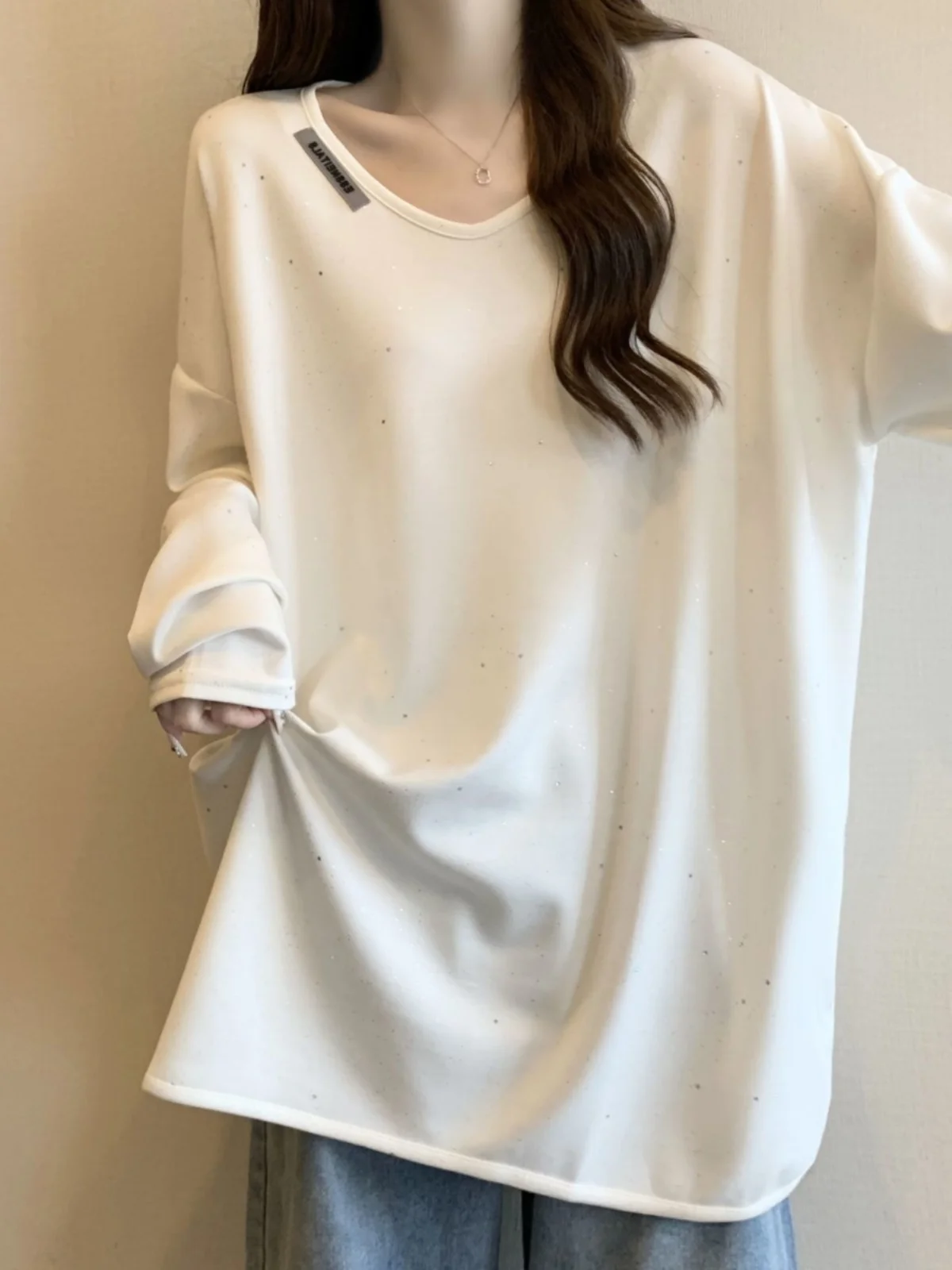 iny Sequin Long Sve T-shirt dames losse pasvorm basislaag irt V-Ne halflange polyester stof herfst winter plus maat