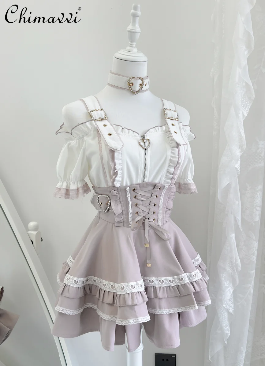 

Original Japanese Subculture Cake Skirt Set 2025 New Lolita Sweet Girl Short-sleeved Top High Waist Skirt Princess Two-piece Set