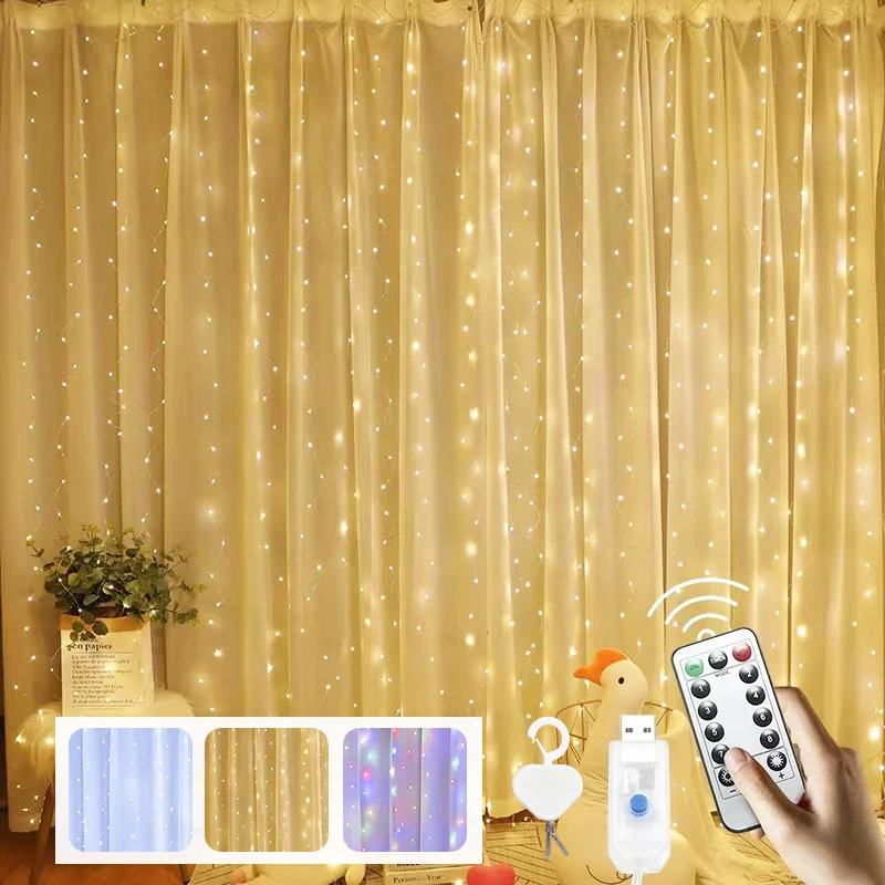 

Гирлянда для штор, светодиодные гирлянды, праздничное украшение, 8 режимов, USB-пульт дистанционного управления, праздничные свадебные гирлянды, рождественский свет