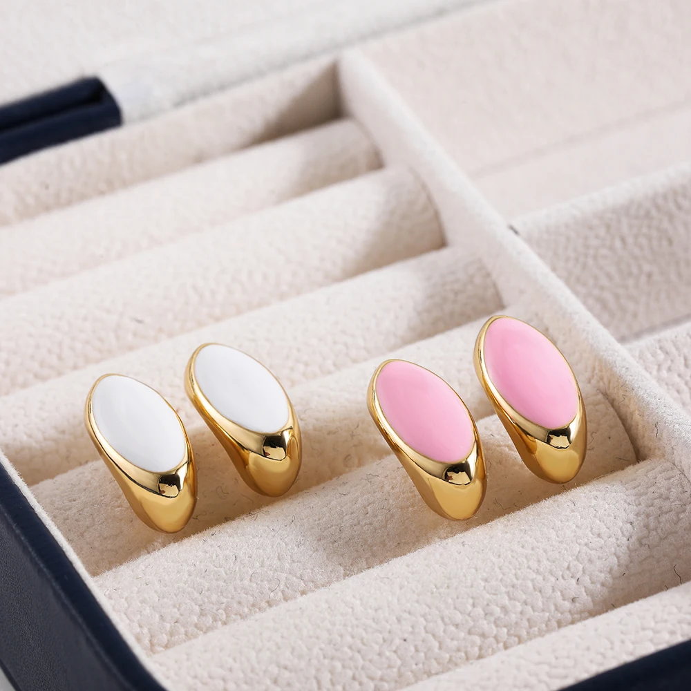 2023 Summer New Stainless Steel Pink Enamel Oil Drip C Shape Stud Earrings for Women Girls Geometric Irregularity Female Jewelry