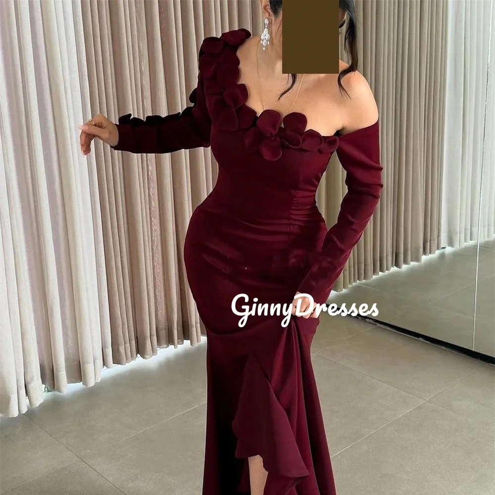 

Customized Evening Dresses Mermaid Split One-Shoulder Floor-Length Flowers Elegant Party Dresses For Women Zipper Up Long Sleeve