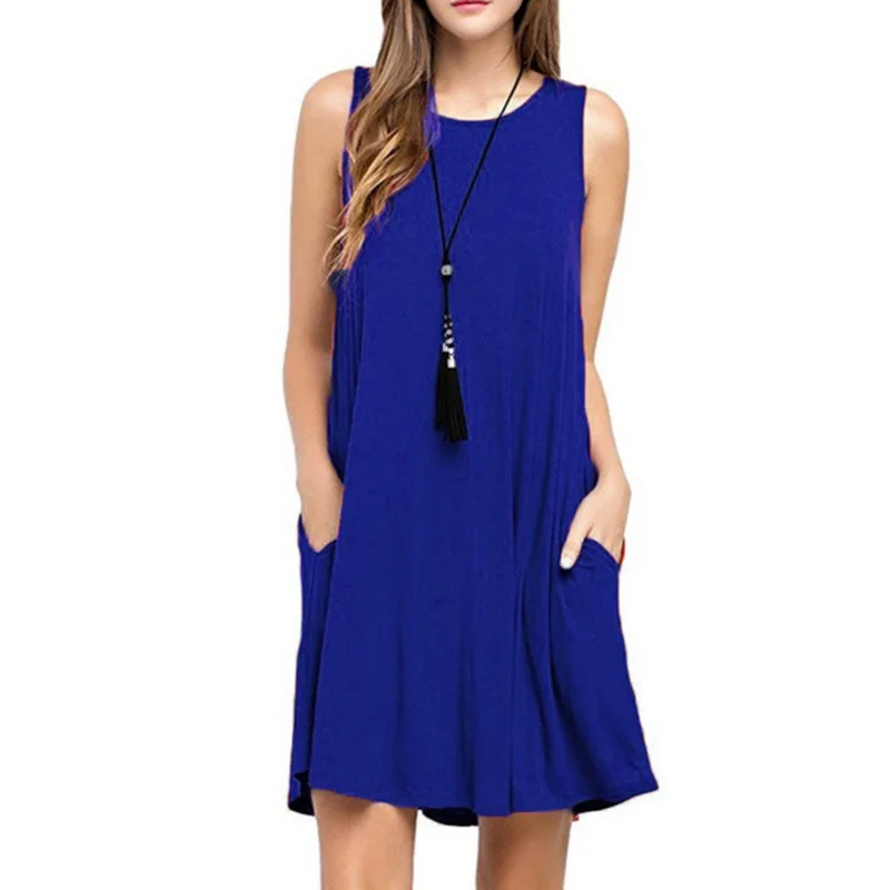 女性ドレス夏カジュアルノースリーブ Tシャツドレスビーチカバーアップ無地プリーツタンクポケットドレス休暇スタイル
