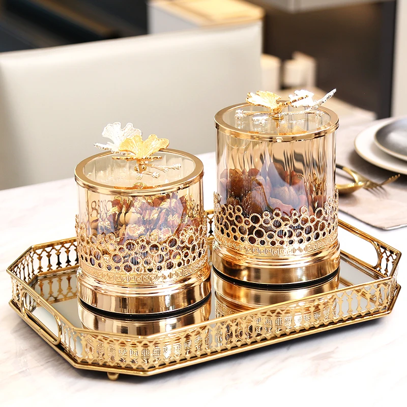 European-style Tan Crystal Glass Storage Jar with Lid Luxury Creative Home Storage Butterfly Candy Jar Living Room Ornaments