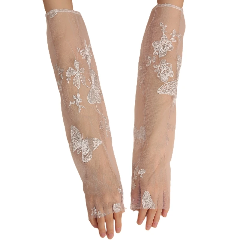 Sexy Sheer Embroidery Butterfly Decor Sleeve Cover Elastic Bridal Etiquette Elbow Length Gloves Fingerless Gloves