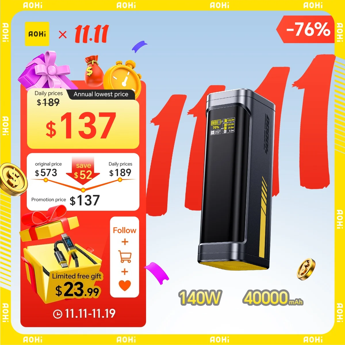 

AOHI Starship 40,000mAh Power Bank 140W PD3.1 Laptop Power Bank with C-C Cable Fast Charging Station for iPhone MacBook Laptop