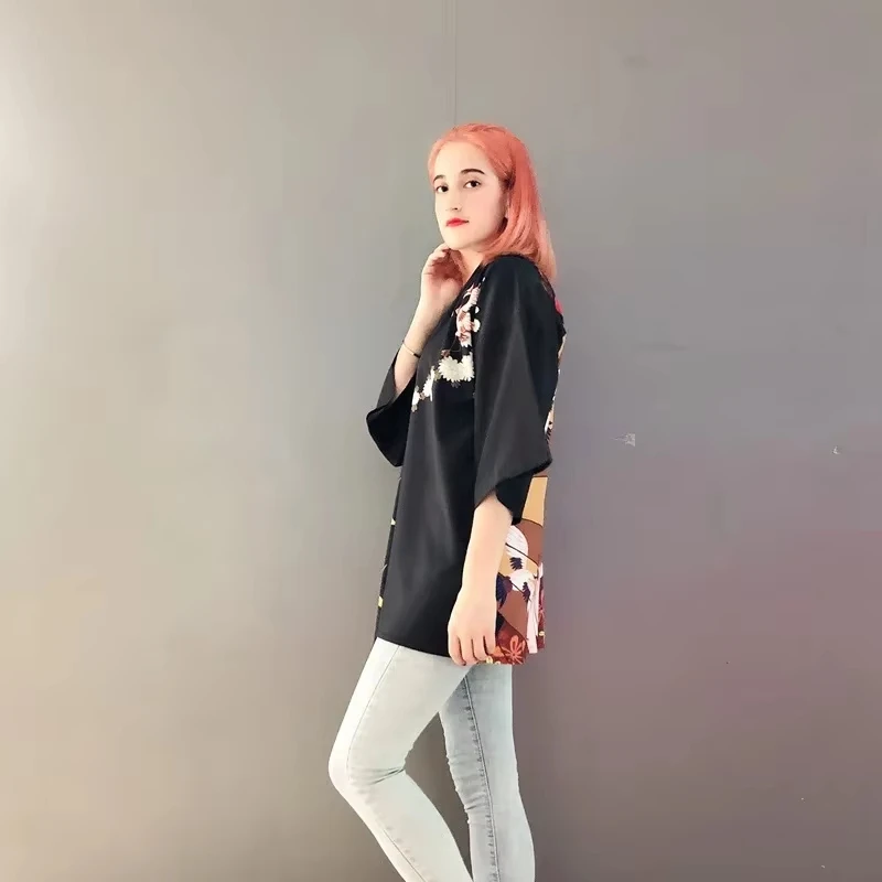 أزياء أنيمي Songstress طباعة الأسود يوكاتا النساء Harajuku الآسيوية التقليدية زي سترة يابانية كيمونو الرجال تأثيري Haori