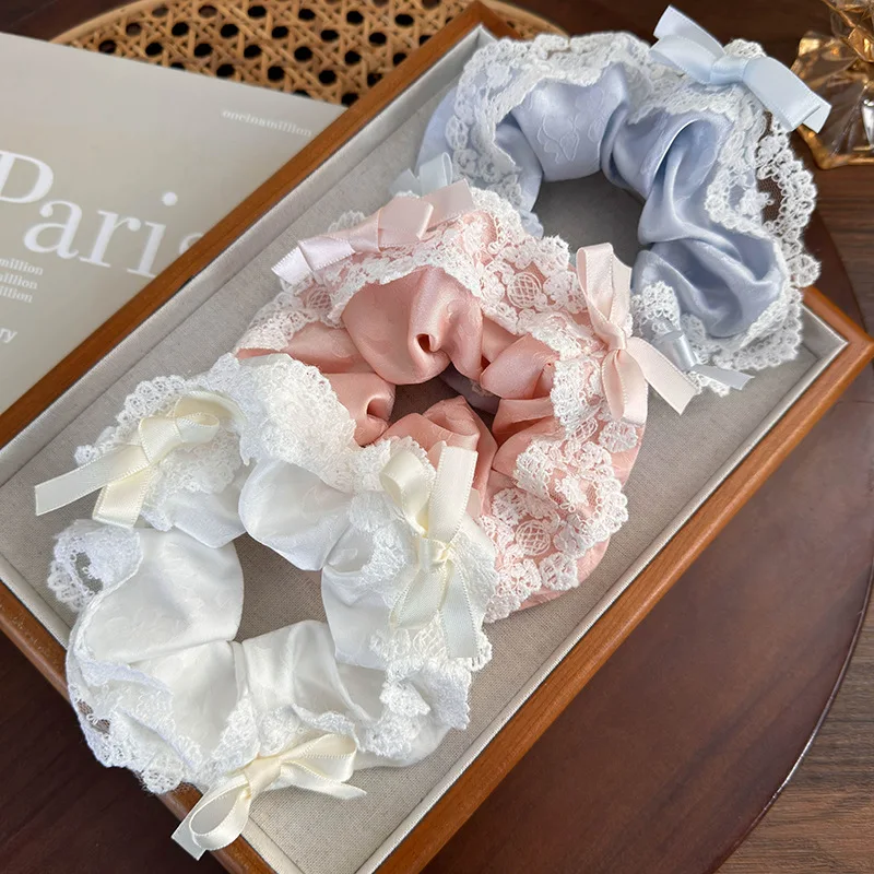 Ballet-style Ribbon Bow Embroidery Lace Scrunchie for Women Girls 2024 Spring Summer Korean Sweet Colored Hair Band Headdress