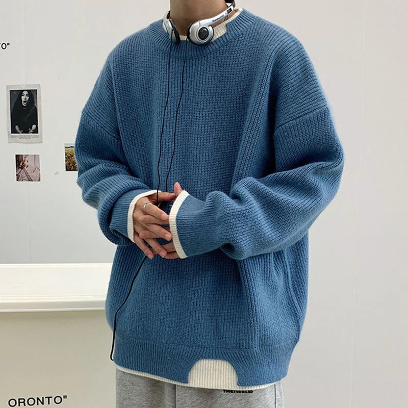 Spring And Autumn Fake Two Piece Long Sleeve Men O Neck Sweater Teenager Fashion All-match Oversized Knitted Couple Clothing Top