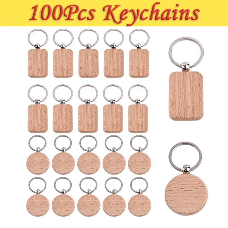 

100Pcs Wood Keychain Beech Wood Blank Unfinished Wood Keychains Craft for DIY Gift Crafts
