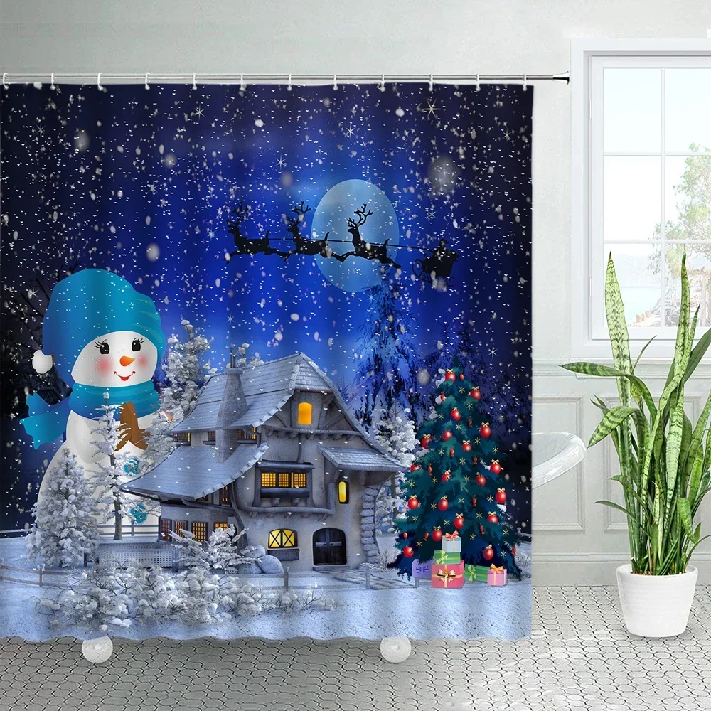 Cute Christmas Snowman Shower Curtains Lantern Xmas Tree Holiday Decor Winter Snow Natural Landscape Fabric Bathroom Curtain Set