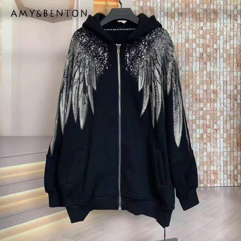 

2025 Autumn Winter Fleece Hoodies Coat Fashion High-end Full Diamond Wings Fleece Long Sleeves Hooded Cardigan Sweatshirt Jacket