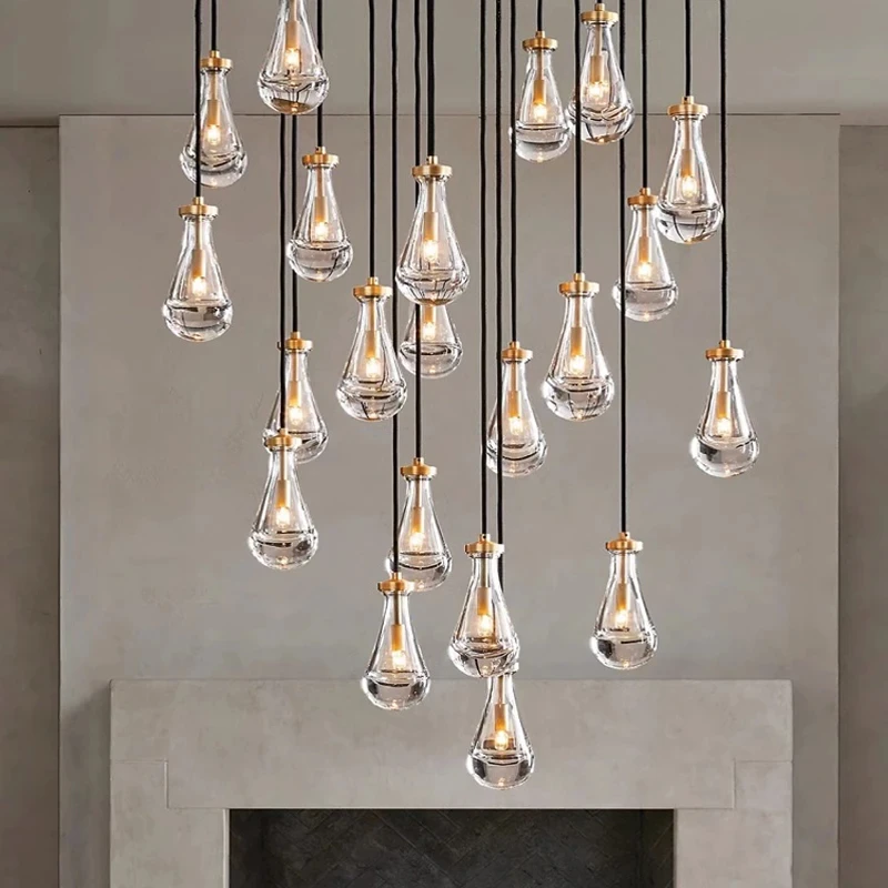 Simple Waterdrop Glass Chandelier Copper LED Cluster hanging Light Modern Lobby  Hotel Villa Glossy Staircase long Ceiling Lamps