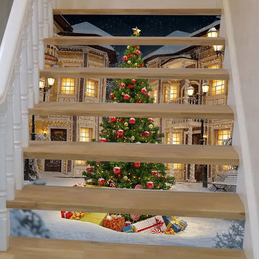Christmas Tree Stairs Sticker Removable Santa Bell Snowflake Staircase Mural For Home Corridor Decor Stair Decals