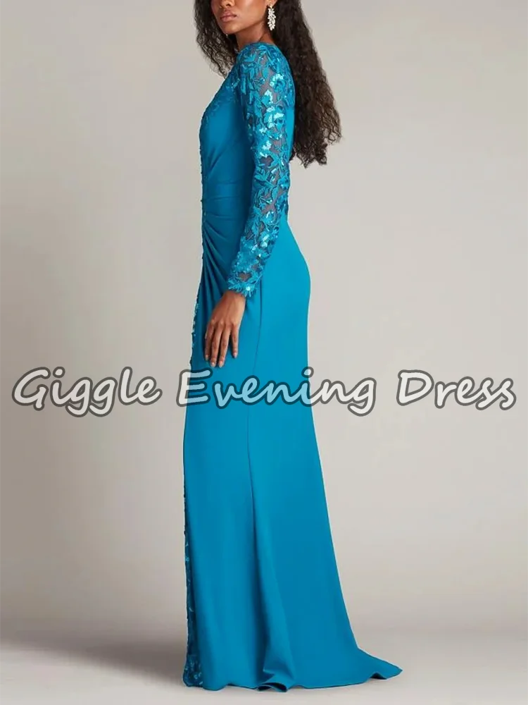 Giggle Elegantes Damen-Abendkleid im Meerjungfrau-Stil, U-Ausschnitt, volle Ärmel, Spitze, Falten, blaues Kleid für die Brautmutter, individuell gestaltet
