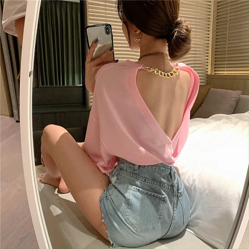 Woman's T-shirts summer sexy backless loose chain short sleeve solid color Ladies top tees dropshipping AMXAL639797555187