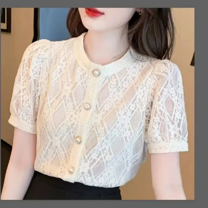 

Women's French Style Lace Blouse Short Sleeve Hollow Out Button Up Summer Top