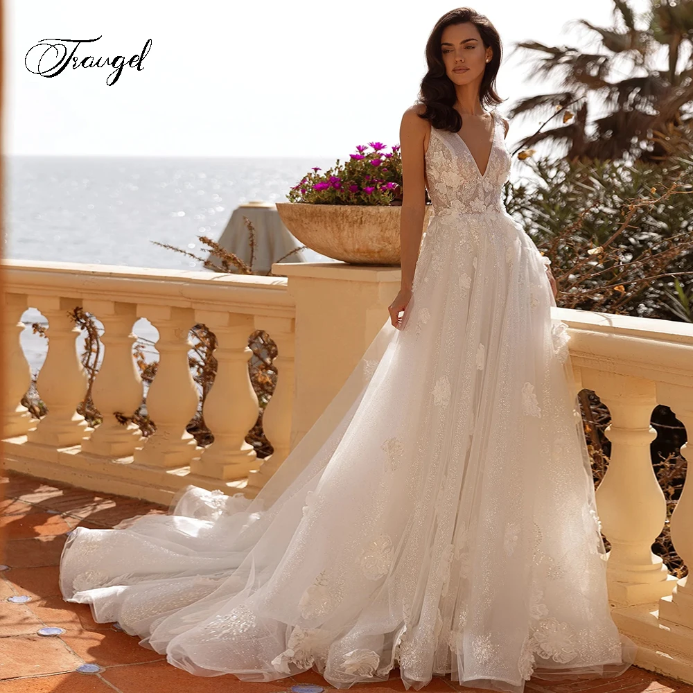 

Traugel Exquisite V Neck Spaghetti Straps Vintage Wedding Dresses Luxury Flowers Beaded Court Train A Line Bridal Gown