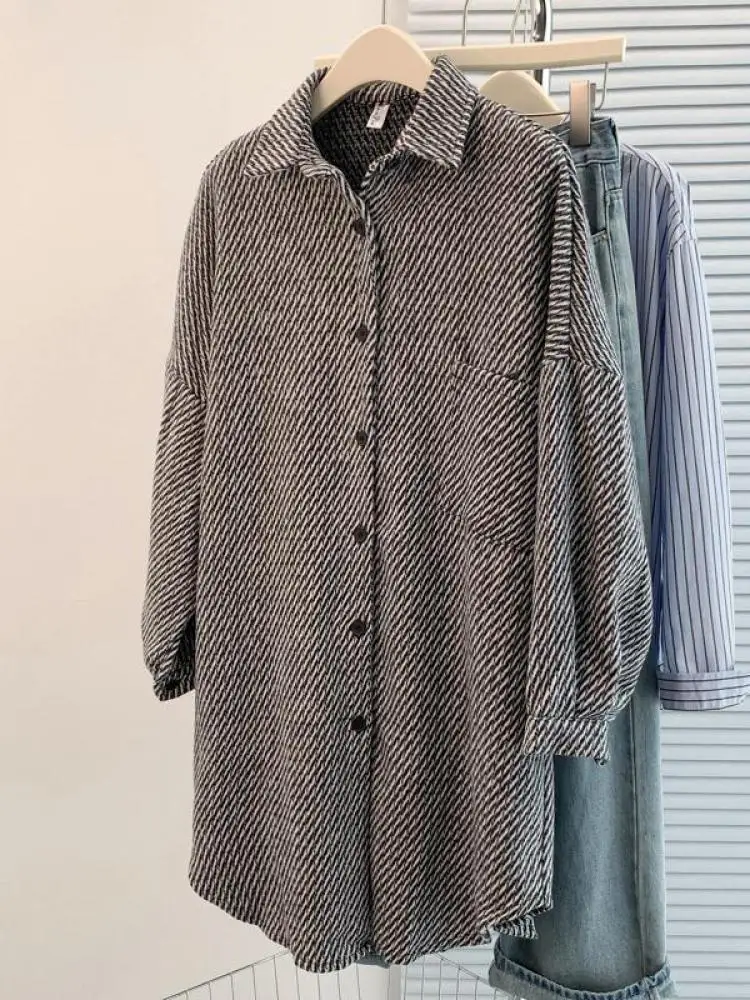 

Корейская мода, винтажная женская черная клетчатая однобортная праздничная рубашка, осенние повседневные свободные топы с длинными рукавами, трендовая шикарная одежда