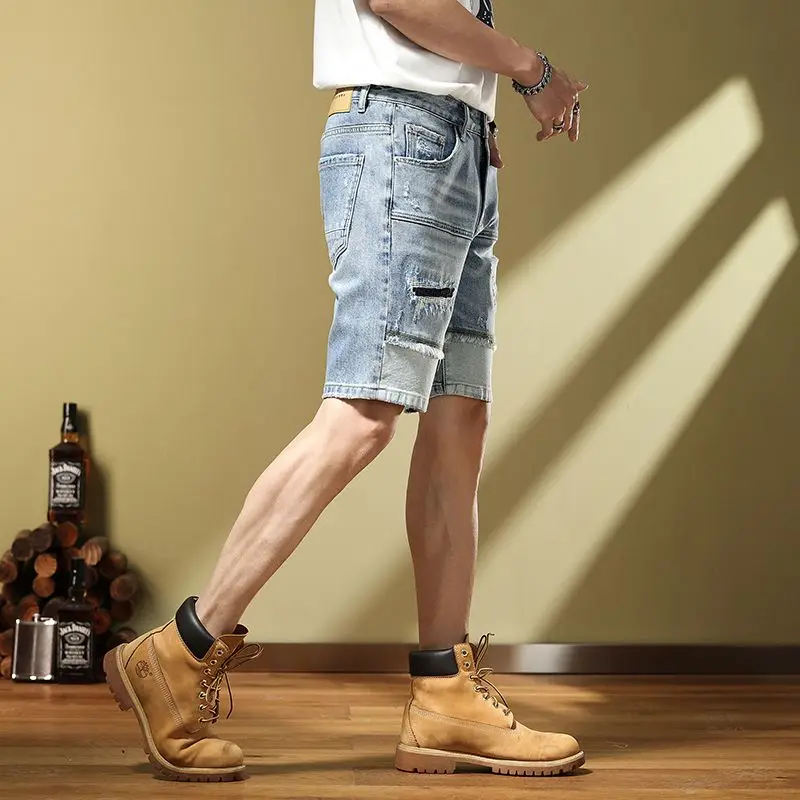 New Personalized ripped Scratched and Handsome 2023 Versatile Men's Denim Mid pants  knee length jeans shorts cargo pants men