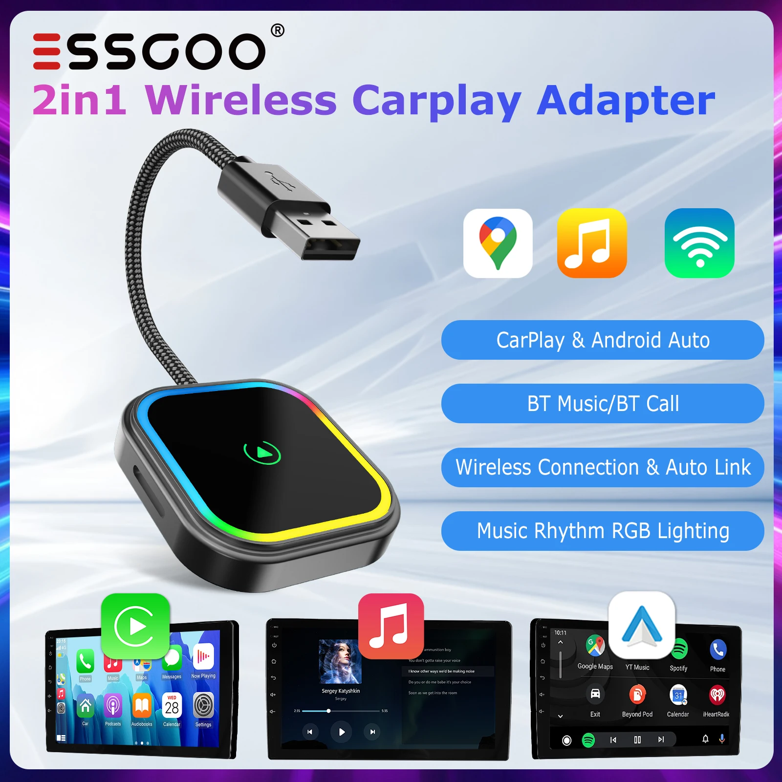 ESSGOO 2025 USB Wireless CarPlay Adapter Für iPhone Wireless Dongle Steck ＆ Spiel Kompatibel 800+ Autos GPS Musik Anrufe Musik Rhythmus Lichtshow UPGRADED 5G CHIP Mini Größe Tragbar
