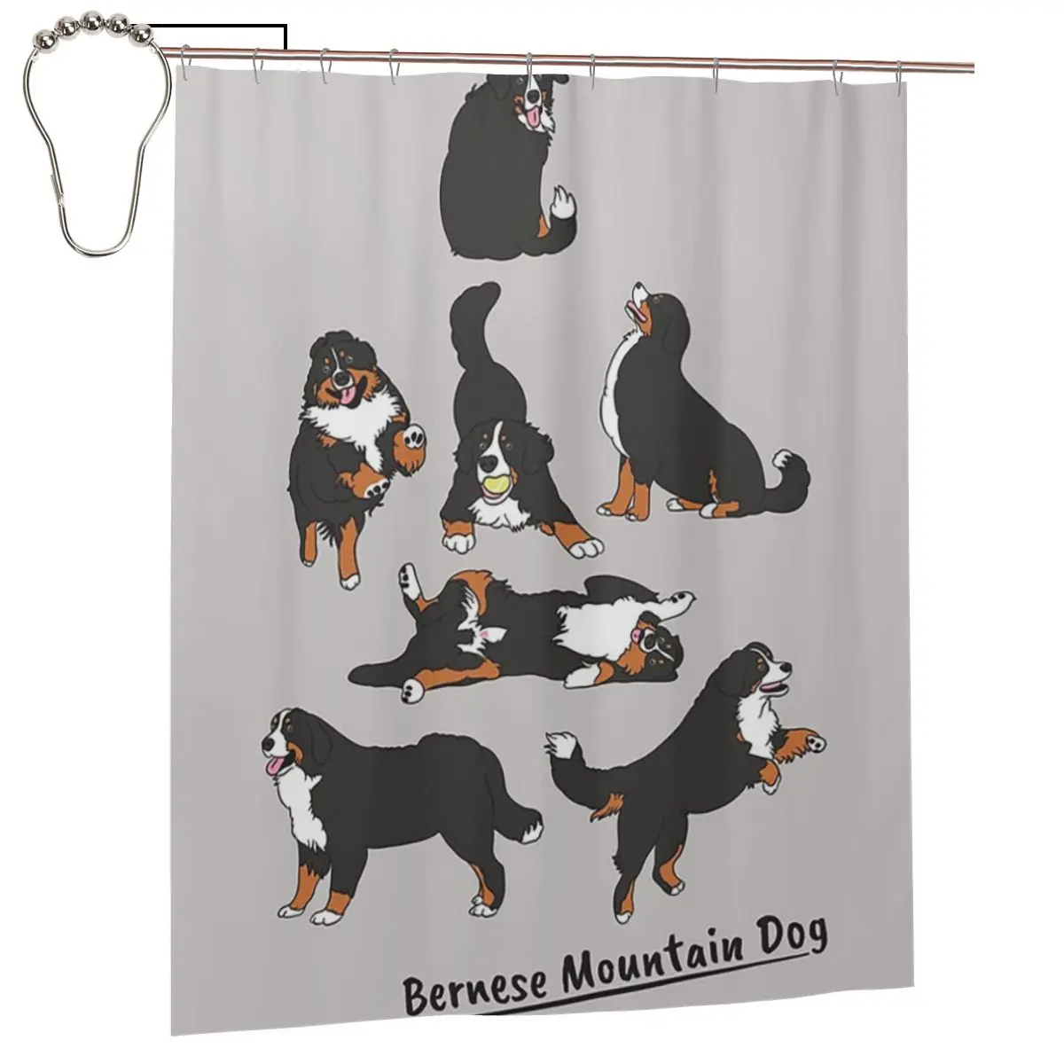 

Занавеска для душа с изображением бернских мопсов на сером фоне, полиэстеровая, водонепроницаемая, с крючками