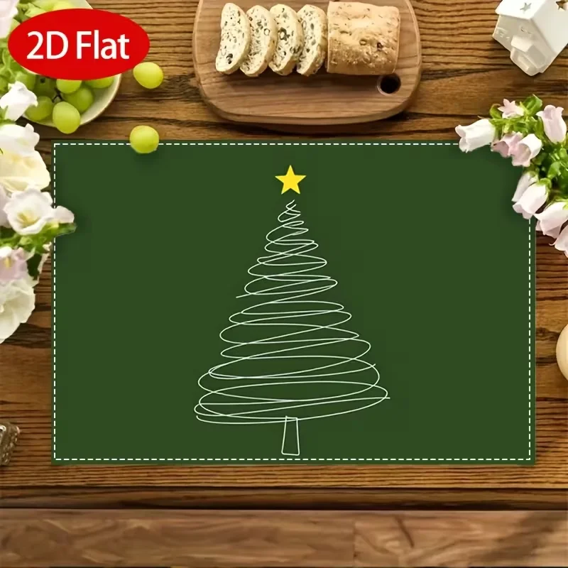 Minimalist Line‑Drawing Christmas Tree Printed Table Mat Dark Green Modern Simple Xmas Decorative Placemat for Dining Table Ki