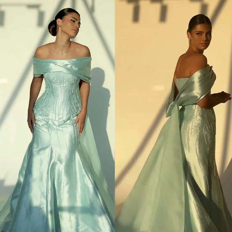 

Hot Sale Green Satin Off The Shoulder Beaded Mermaid فساتين السهرة vestidos de fiesta vestidos de noche evening dresses