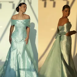 Hot Sale Green Satin Off The Shoulder Beaded Mermaid  فساتين السهرة vestidos de fiesta vestidos de noche evening dresses