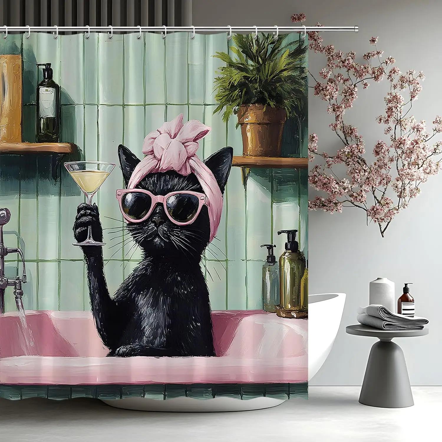 

Занавеска для душа с забавным котом, черный котенок, розовый мультфильм, милое животное, винтажная модная занавеска для домашнего животного в ванне, ретро, с цветочным принтом для девочек, ванная комната