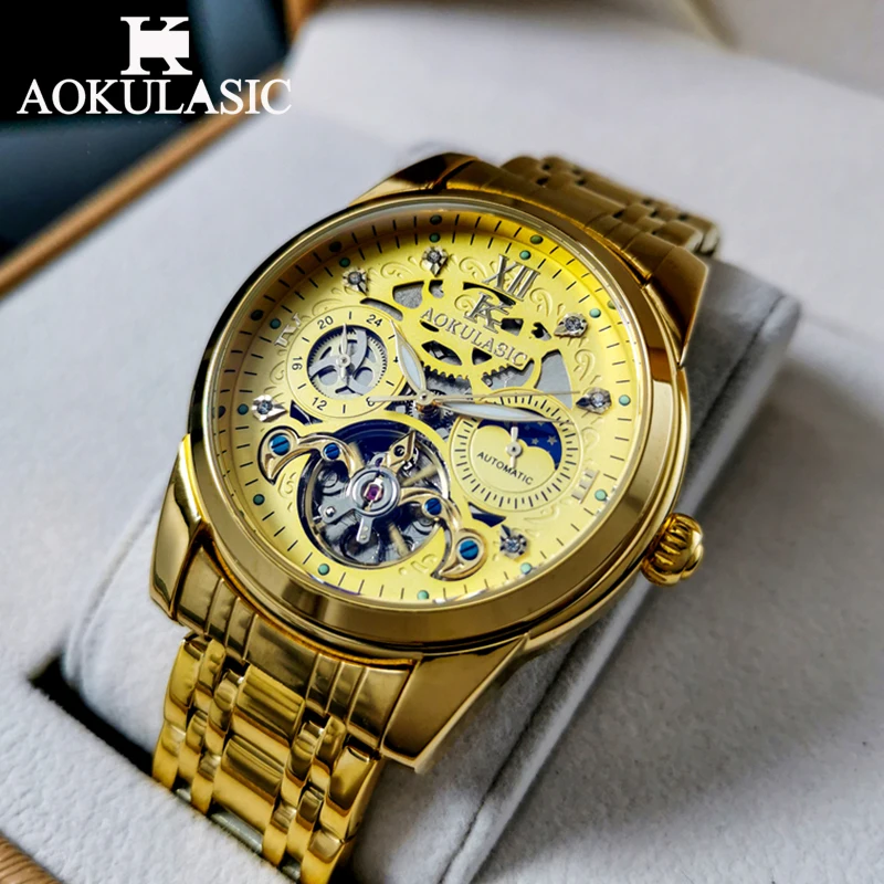 ساعة ميكانيكية فاخرة للرجال من AOKULASIC موضة رياضية مقاومة للماء ساعات أوتوماتيكية للرجال مرحلة القمر توربيون ساعة يد مضيئة