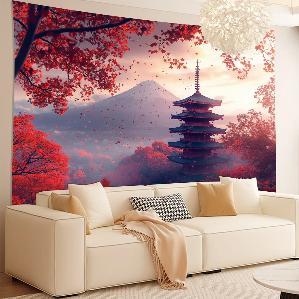 Традиционная японская архитектура и гора Фудзи Пейзаж Настенный подвес Гостиная Спальня Декоративные гобелены из полиэстера
