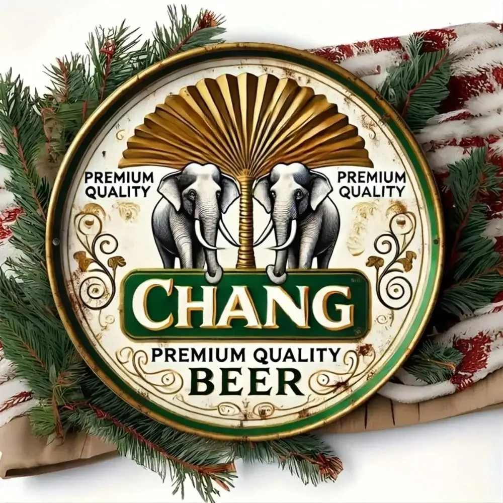 Chang – Letrero de cerveza de metal, diseño vintage de elefante, 8x8 pulgadas, decoración de pared de metal, adecuado para el hogar, bar, garaje, man cave, letrero artístico de aluminio vintage