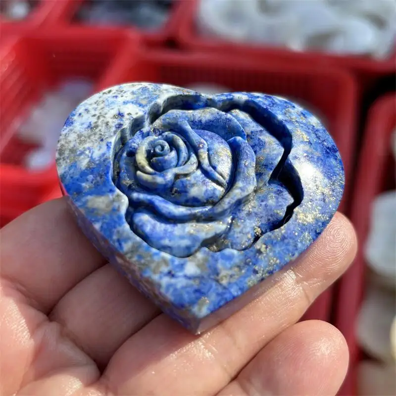 Natural Lapis Lazuli Flower Heart Carving Handmade Polished For Home Decoration Lucky Gift 1PCS